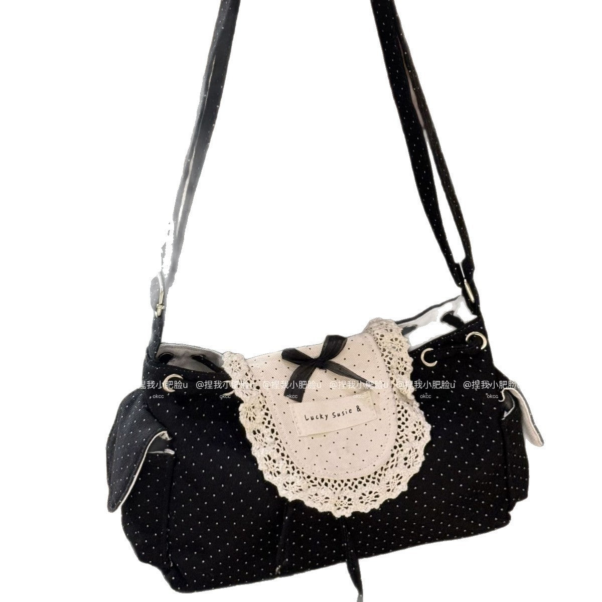 Korean Cute Polka Dot Shoulder Bag with Lace Trim and Bow Detail, Drawstring Flap Design for Daily Use