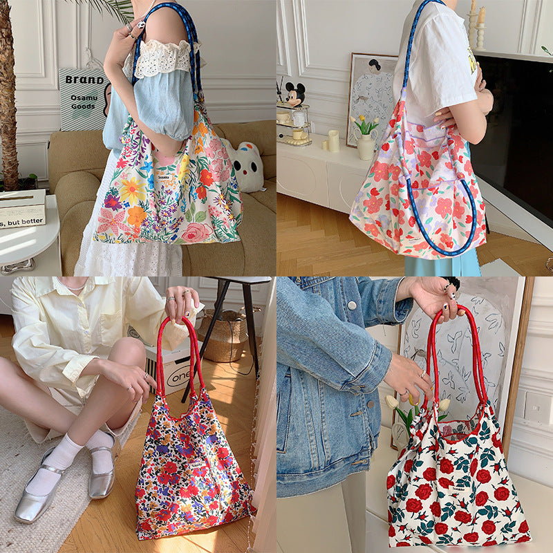 Korean Style Summer Large Capacity Hand Shoulder Bag Drawstring Shopping Bag Fresh Floral Tote Bag Underarm Bag
