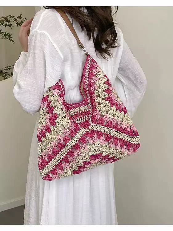 Charming Crochet Straw Tote Bag for Women, Casual Boho Style Shoulder Bag with Open Top and Interior Card Pocket