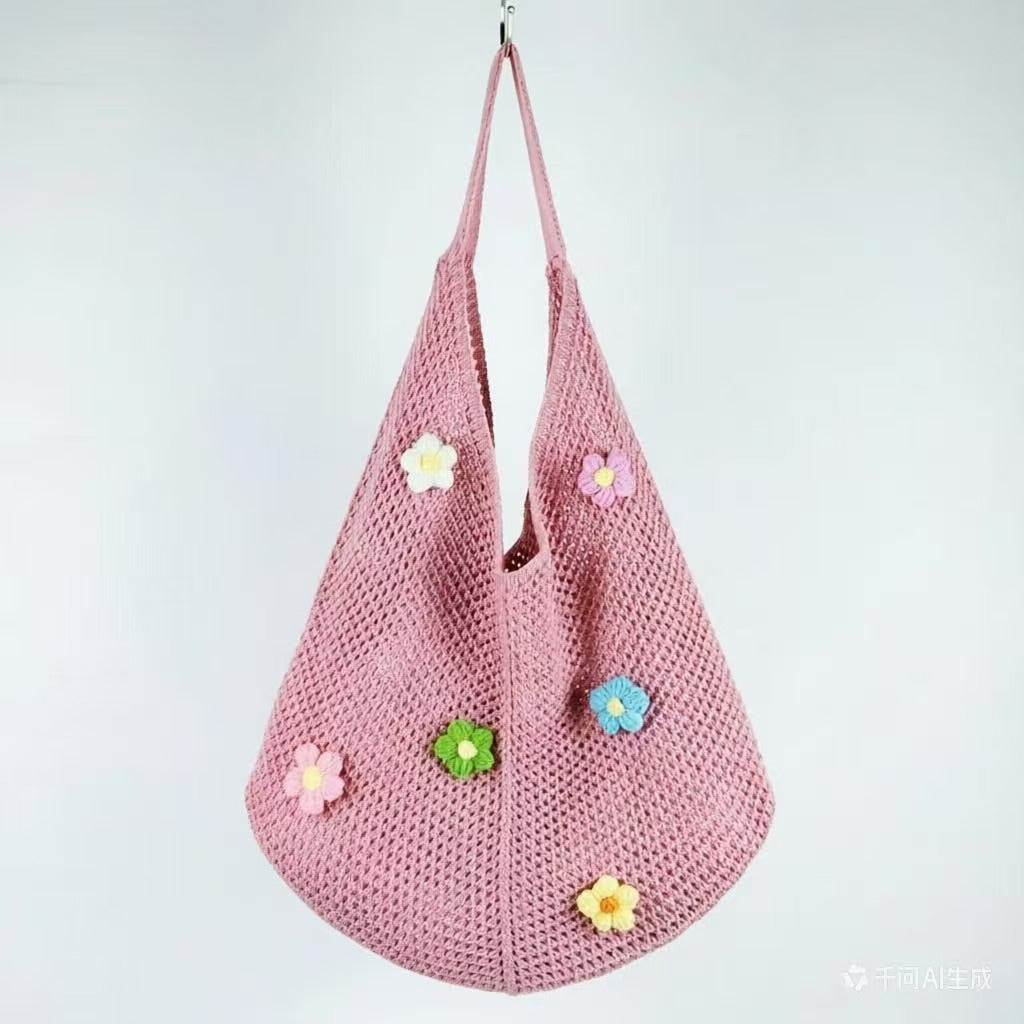 Women's Shoulder Bag Hollow Knitted Flower Tote Bag Women's Idle Style Shoulder Bag Everyday Joker Fashion Woven Bag