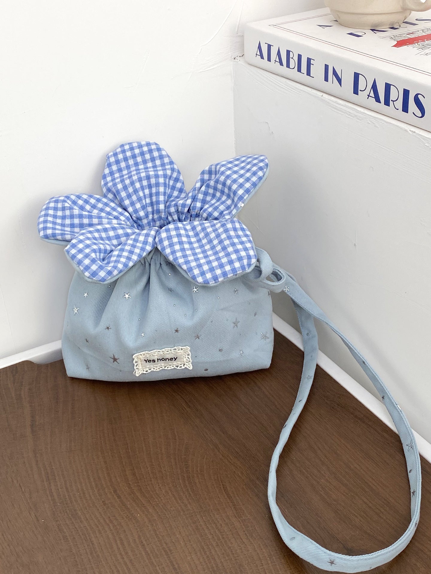 Cute Denim Flower Drawstring Crossbody Bag with Gingham Bloom, Korean Style Casual Phone Pouch for Daily Outings
