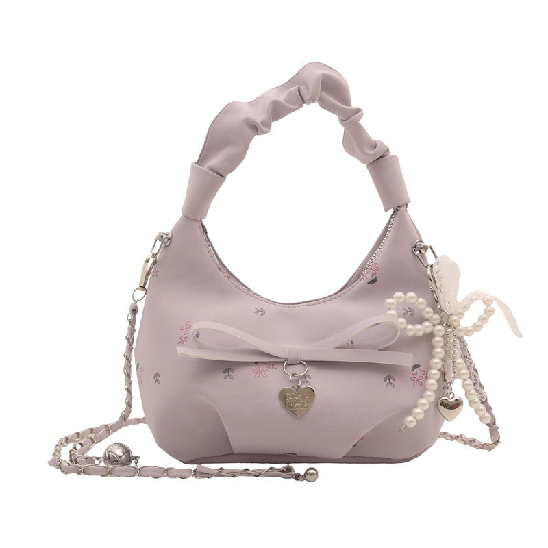 Korean Fashion Pleated Floral Print Crossbody Bag with Pearl Heart Charm for Women