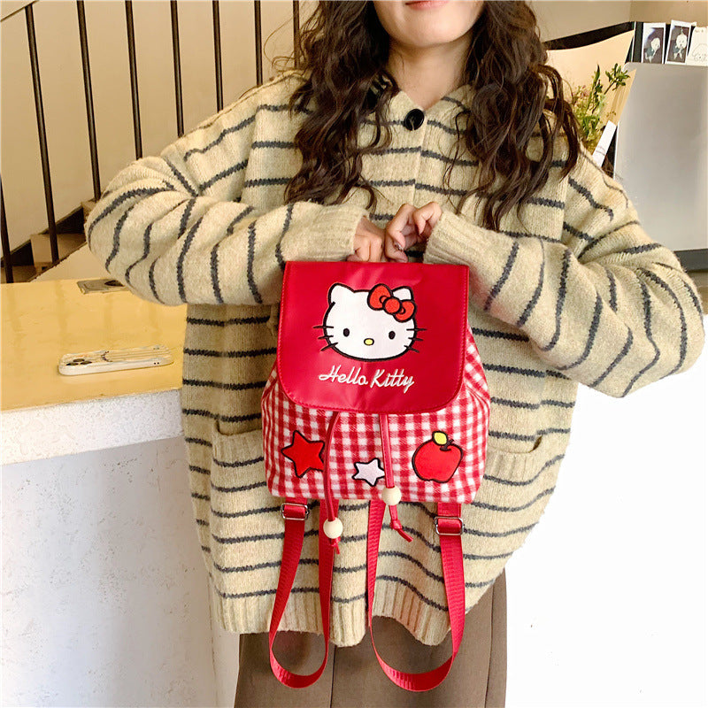 Cute Cat Flip Backpack Plaid Large Capacity Girls Schoolbag Suitable for Campus and Travel