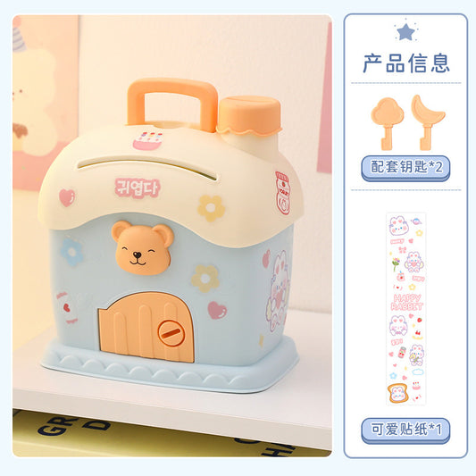 Cute Cartoon Bear House Money Bank with Key and Stickers for Kids - Creative Piggy Bank for Boys and Girls