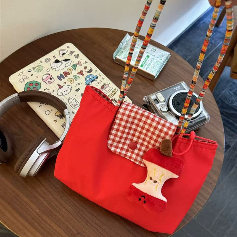 New Korean Style Large Capacity Red Shoulder Portable Checked Canvas Bag Versatile Student Commute Leisure Tote Bag for Women