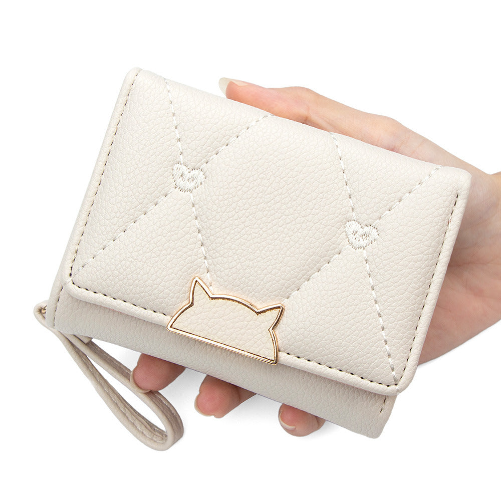 Chic Quilted PU Wallet with Embroidered Hearts and Cat Design, Compact Trifold Purse for Everyday Use
