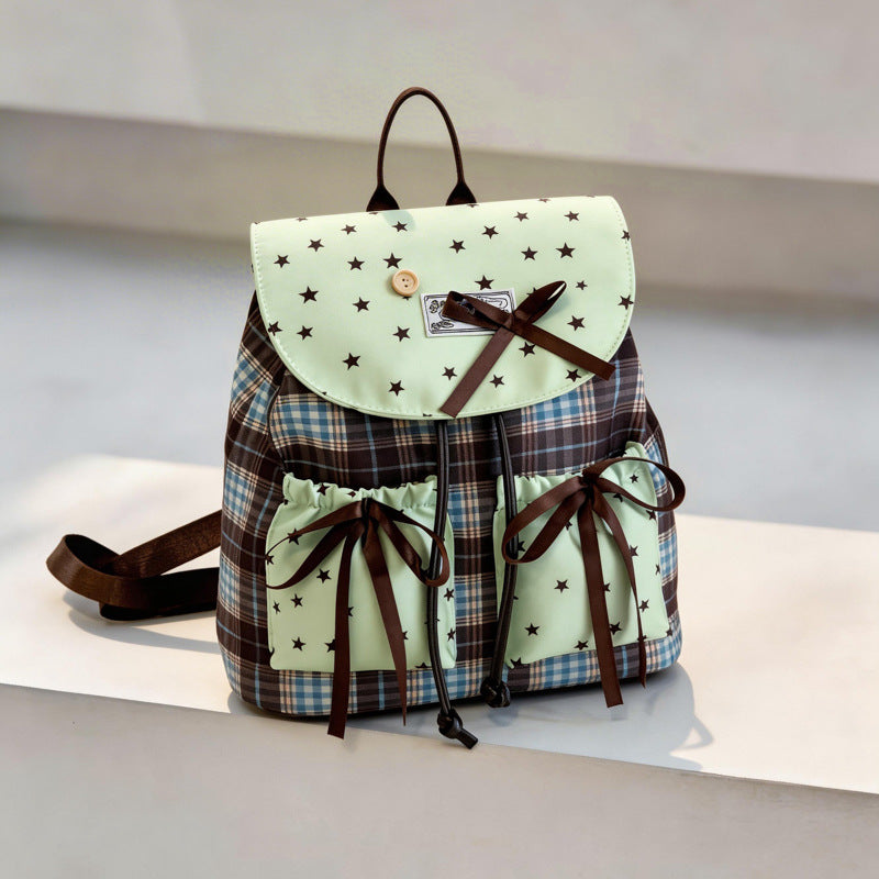 Cute Fashion Girly Style Fresh Women's New Sweet Plaid Stitching Design Sense Bow Backpack