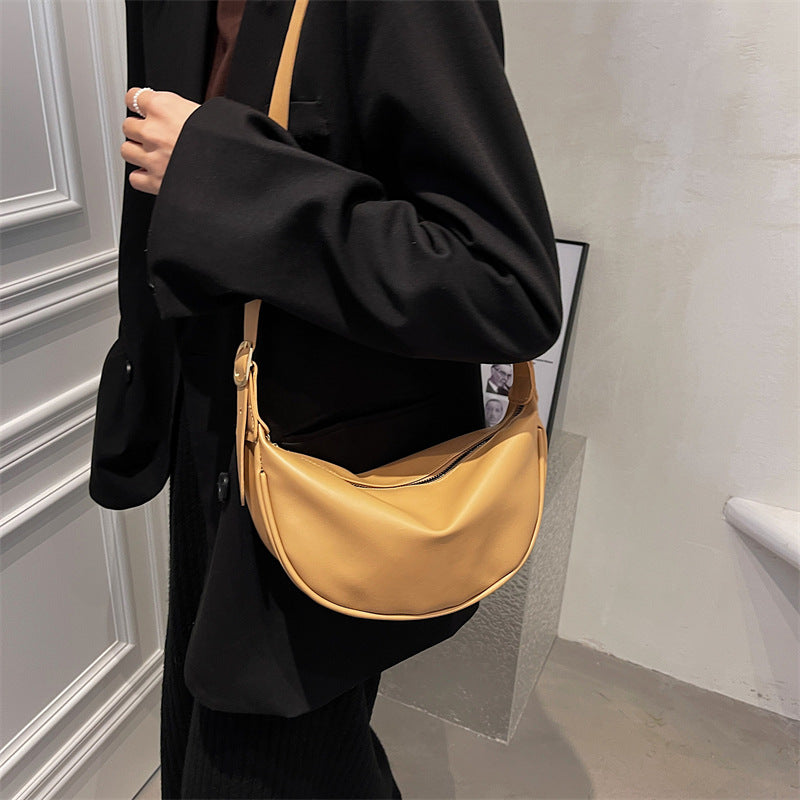 New Trendy Women's Bags Retro Design Soft PU Leather Half-Moon Shoulder Bag Simple Daily Commuter Messenger Bag
