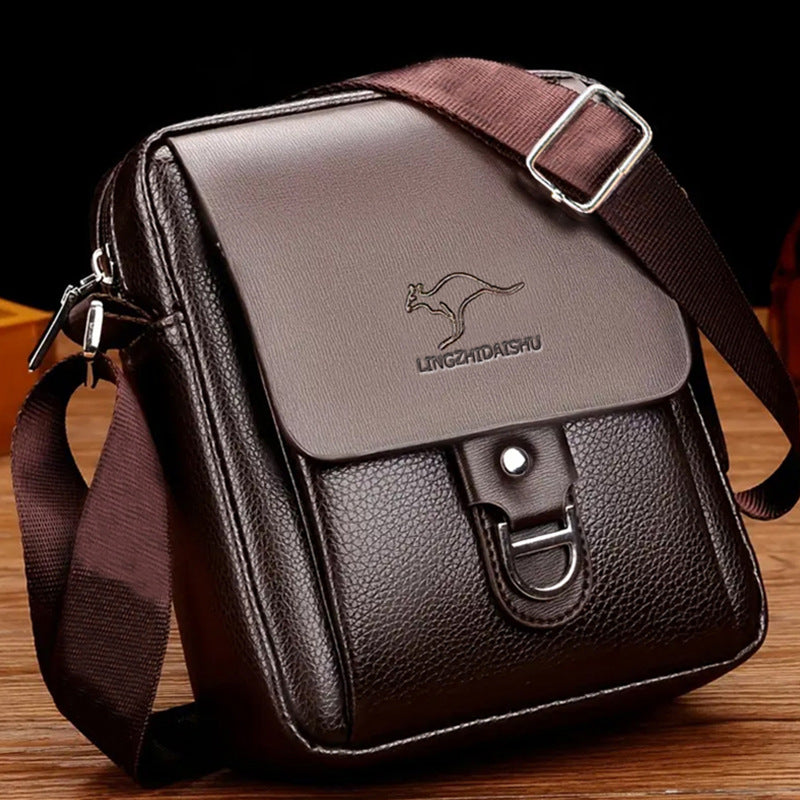 Stylish PU Leather Men's Shoulder Bag with Kangaroo Logo, Business Casual Crossbody Bag for Daily Use