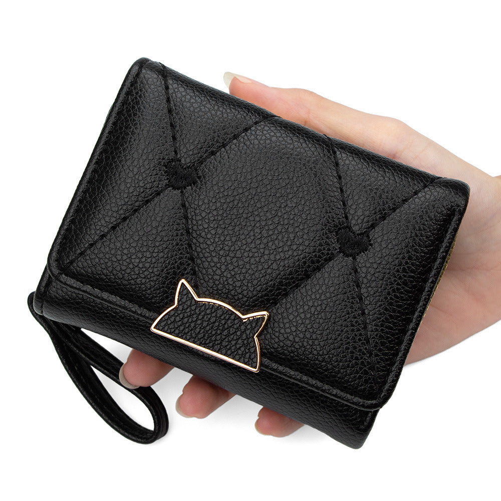 Chic Quilted PU Wallet with Embroidered Hearts and Cat Design, Compact Trifold Purse for Everyday Use