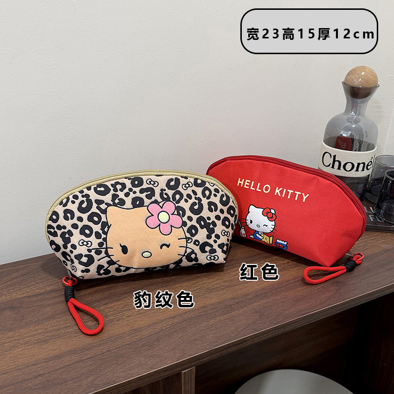 Leopard Print Cartoon Cat Cosmetic Bag with Rope Handle, Large Capacity Waterproof Makeup Pouch for Women