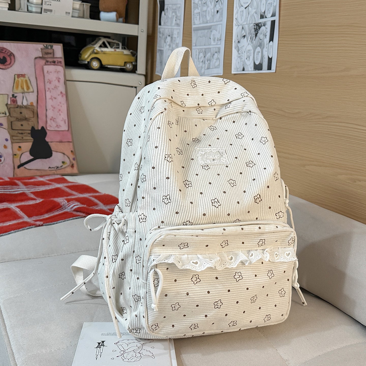 Artistic Fresh Student Backpack Soft Corduroy Material Lace Large Capacity Breathable Design