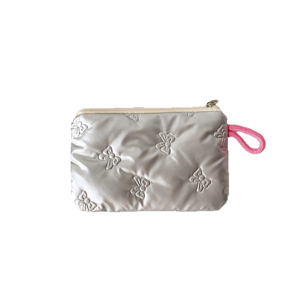Cute Bowknot Embroidered Glossy Cosmetic Bag Zipper Design with Rope Handle Portable Storage Everyday Good Things