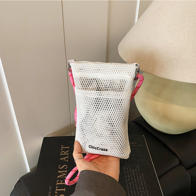 Sweet Fresh Cell Phone Bag Women's Summer New Hollow Shoulder Bag Crossbody Mesh Portable Storage Bag