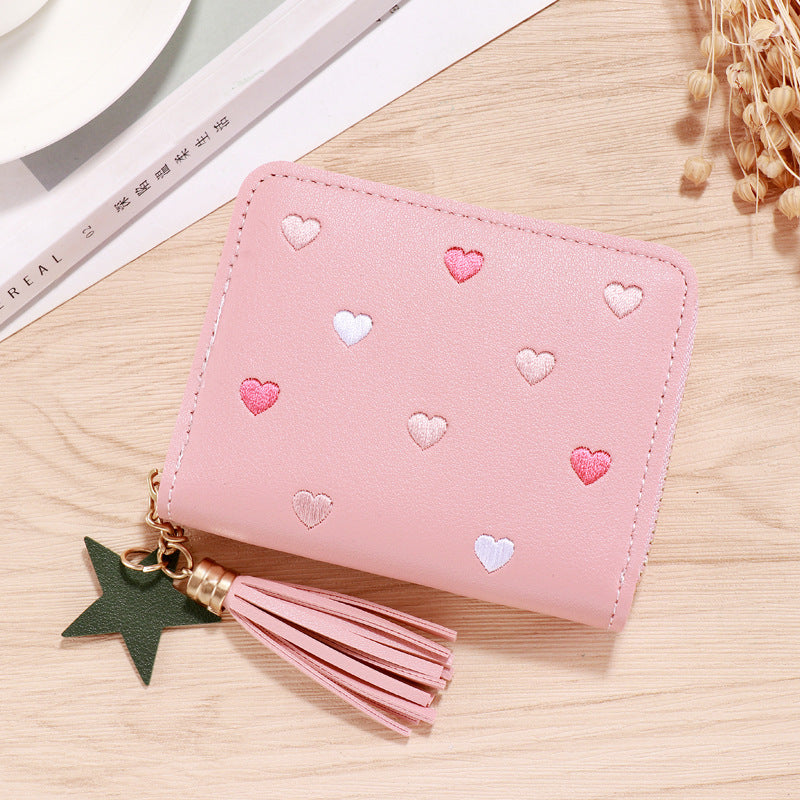Cute Heart Embroidery PU Wallet for Women with Tassel Charm and Star Pendant, Compact Card Holder for Daily Use