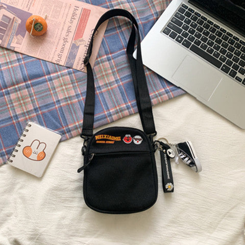 Cute Cartoon Print Canvas Crossbody Bag for Women, Street Style Small Square Bag with Zipper and Phone Pocket