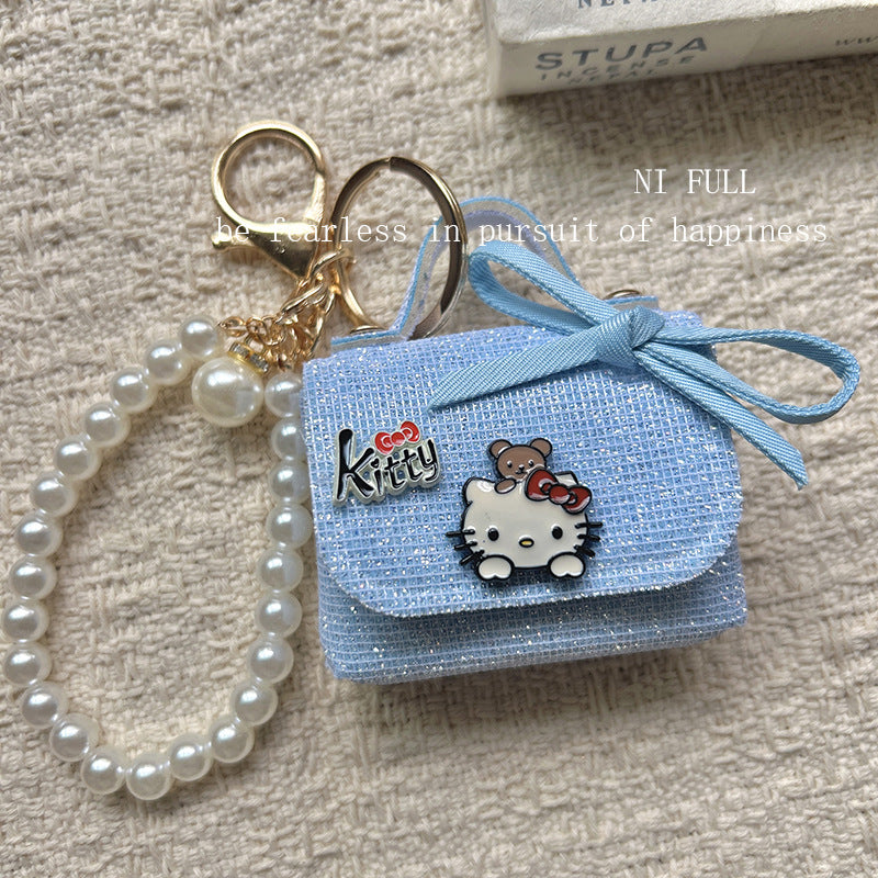 Korean Style New Retro Dots Cartoon Cat Lipstick Pack Pearl Exquisite High Sense Versatile Pendant Keychain for Women