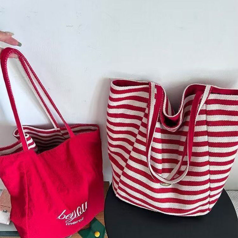 Summer Stripes Double-Sided Tote Bag Large Capacity Daily Commuting Travel Versatile Fashion