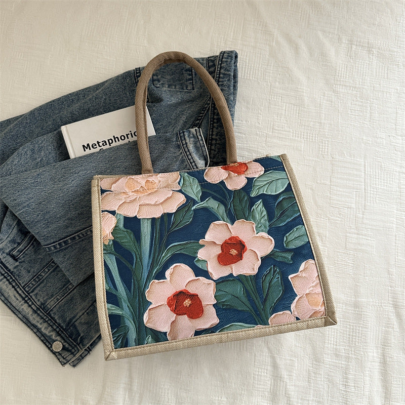 Large Capacity Linen Commuter Bag Women's New Shoulder Ethnic Style Student Handheld Class Portable Tote Bag