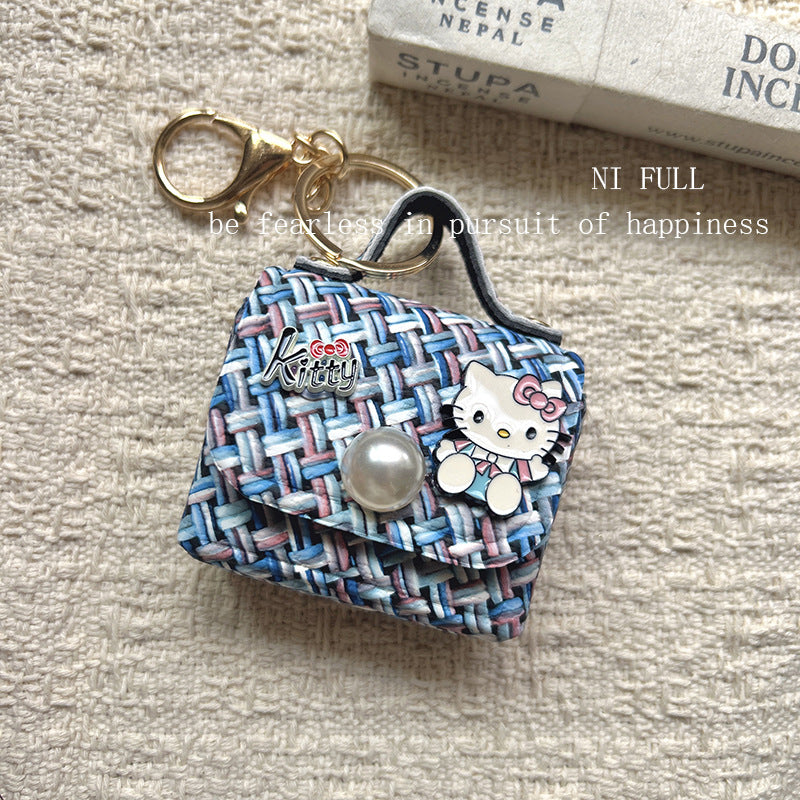 Korean Style New Retro Dots Cartoon Cat Lipstick Pack Pearl Exquisite High Sense Versatile Pendant Keychain for Women