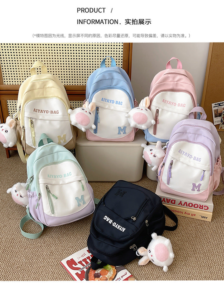 Cute Kids Backpack with Plush Rabbit Charm for School Travel and Spring Outings - Waterproof Oxford Fabric Design