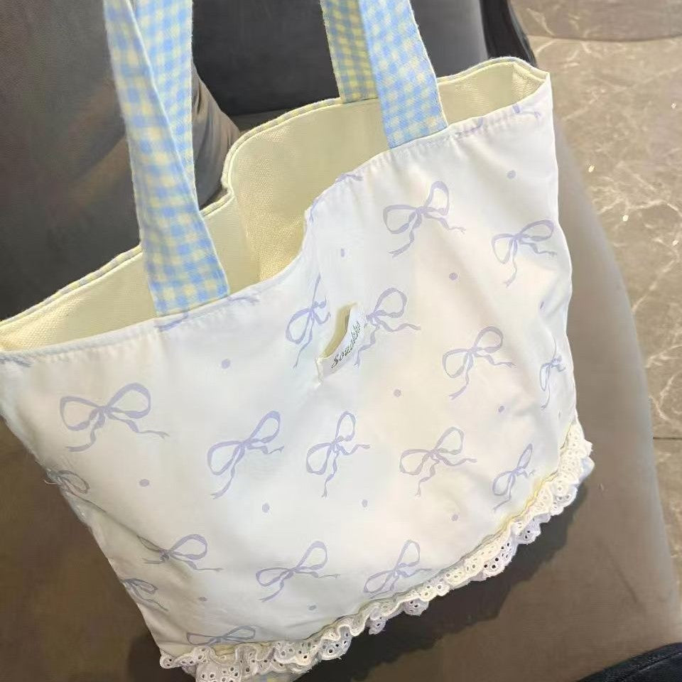 2025 New Elegant Bowknot Lace Tote Bag for Women, Casual Summer Fashion with Charming Details and Practical Inner Pockets