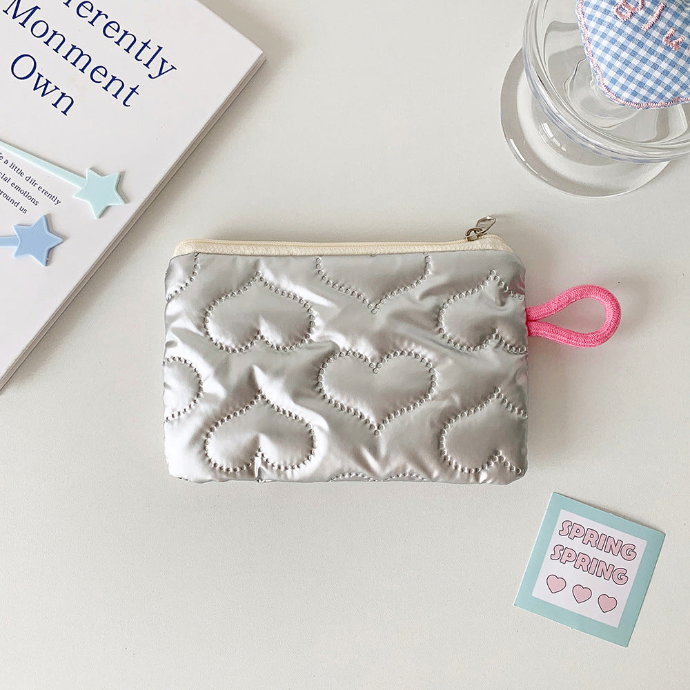 Cosmetic Bag Women Bow Silver Shiny Surface Portable Carry-on Bag Earphone Data Cable Storage Coin Purse