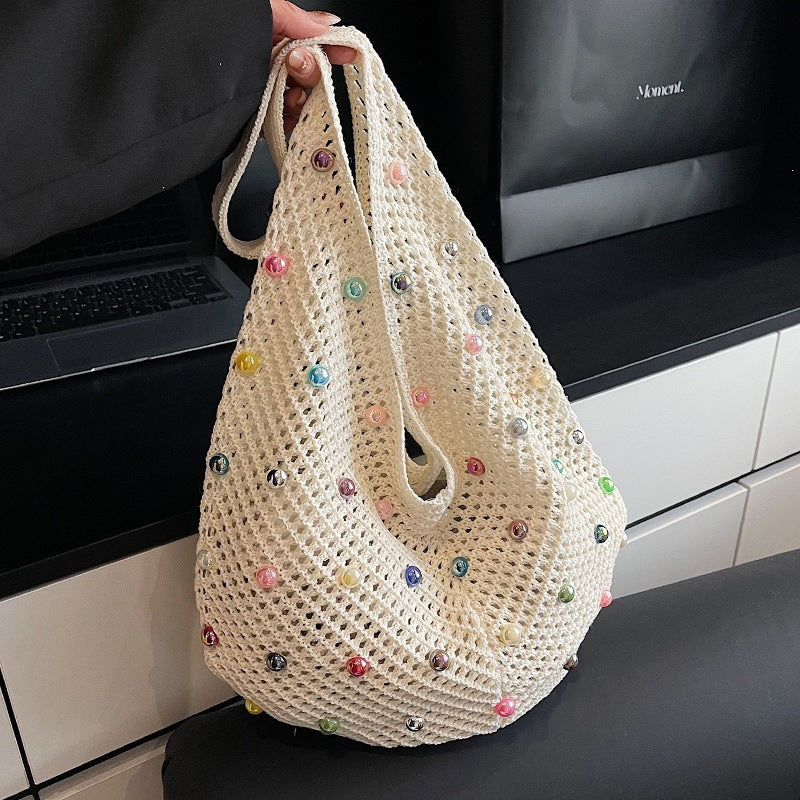 Holiday One-Shoulder Women's Color Knitted New Large Capacity Sense Hollow Pearl Beach Bag