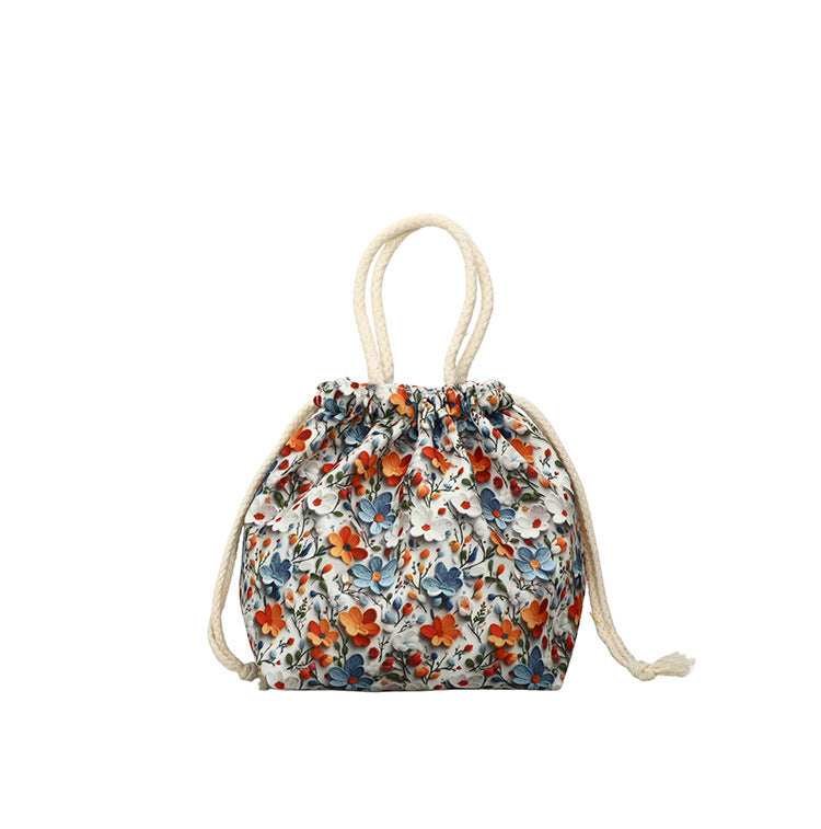 Makeup Bucket Mobile Phone Bag Female Sweet Fresh Pastoral Style Printed Tote Bag Lightweight Drawstring Bundle Bag