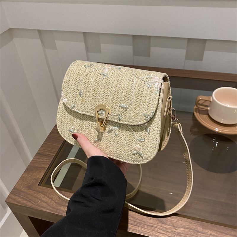 Woven Fashion Korean Lock Latch Shoulder Messenger Bag Spring New All-Match Small Square Bag Straw