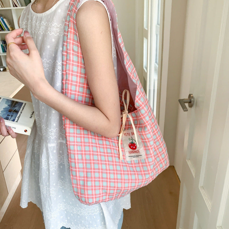 Cute Checkered Crossbody Bag with Tomato Logo, Soft Canvas Tote for Daily Use and School