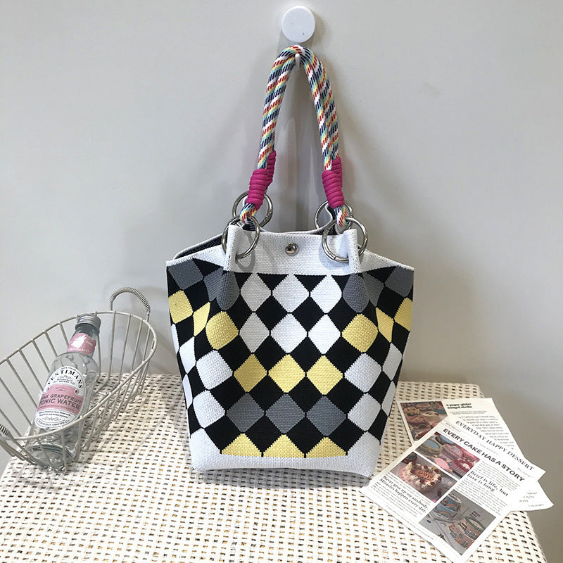 Black and White Rhombus Knitted Tote Bag Women's Casual Versatile Large Capacity Messenger Bag Handbag