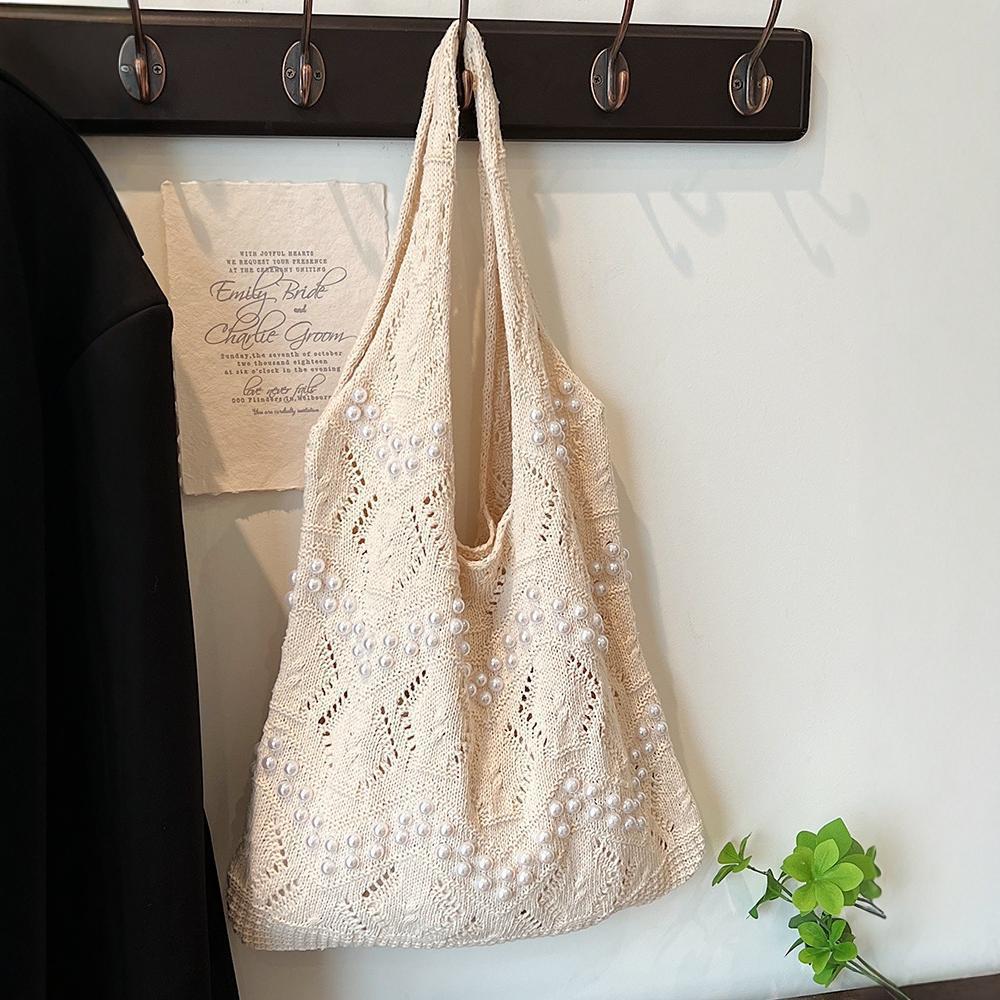 Casual Simple Knitted Bag Women's New Large Capacity Commuter Shoulder Fashion Pearl Tote Bag