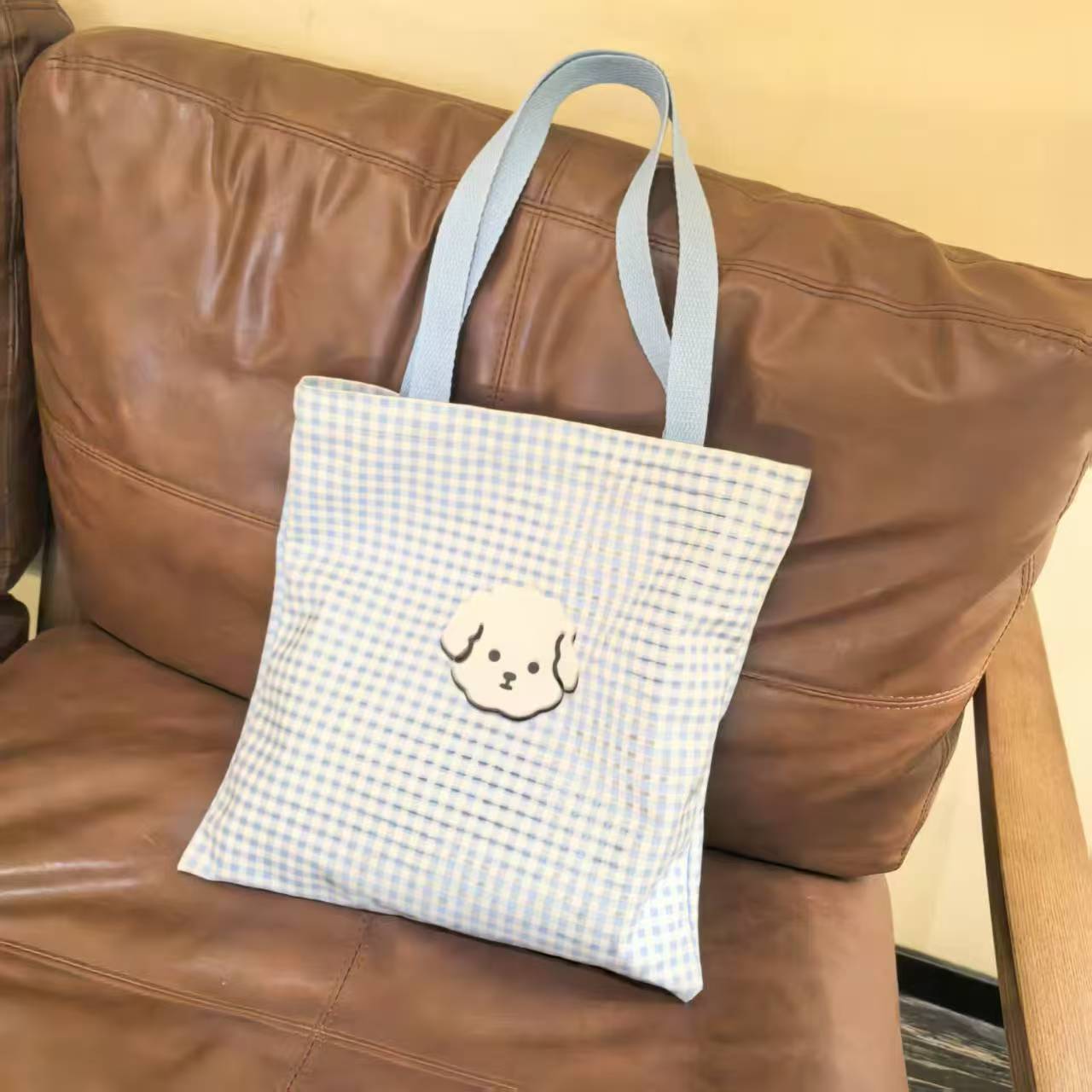 Cute Dog Face Checkered Canvas Tote Bag for Students and Daily Use
