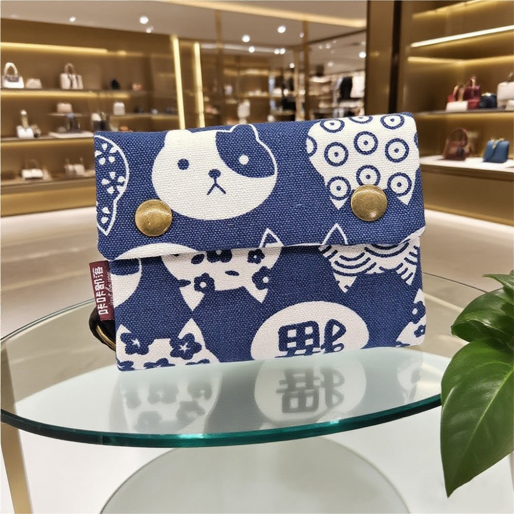 Creative Cartoon Printing Tri-Fold Denim Canvas Wallet Simple Canvas Card Holder Key Case for Both Men and Women