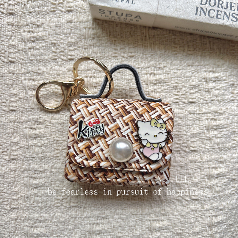 Korean Style New Retro Dots Cartoon Cat Lipstick Pack Pearl Exquisite High Sense Versatile Pendant Keychain for Women