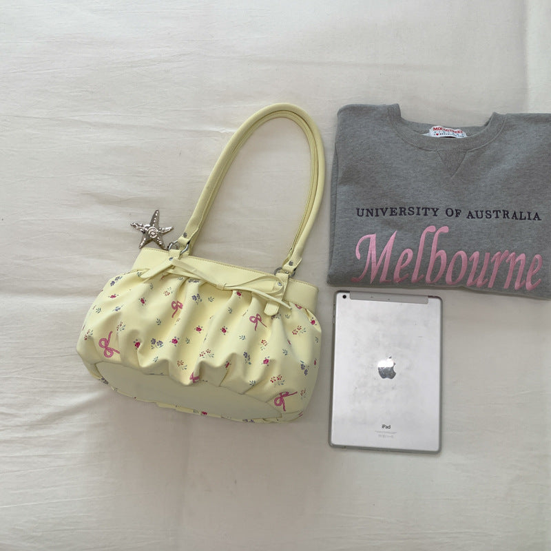 Korean Style Large Capacity Shoulder Bag with Pleated Design and Polka Dot Print for Daily Commute