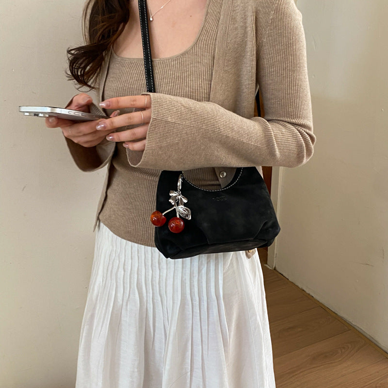 Cute Pleated Handbag for Women 2026 Summer New Cherry Charm Crossbody Bag Fashionable Everyday Shoulder Bag