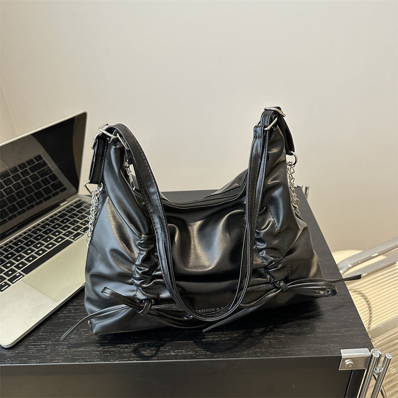 New Pleated Bow Tote Bag Women's Large Capacity Commuter Shoulder Chain Design Urban Simple Style