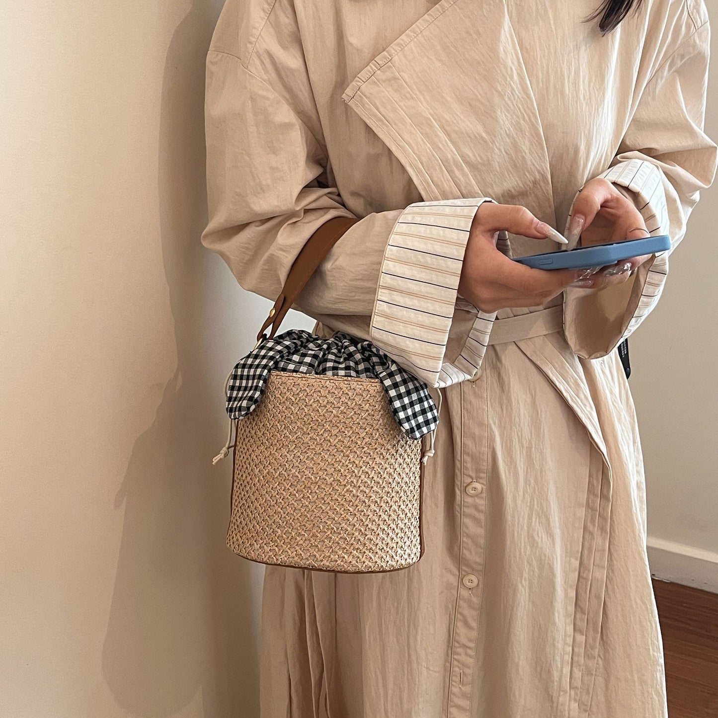 Sweet Style Straw Bucket Bag Women's Summer New Bow Drawstring Design Shoulder Messenger Bag
