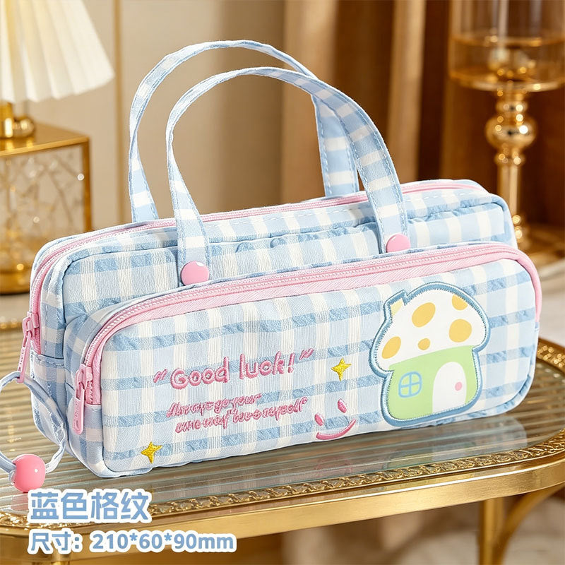 Cute Double-Layer Pattern Lucky Embroidery Pencil Case Large Capacity Portable Portable Ins Style Dopamine Good-looking Stationery