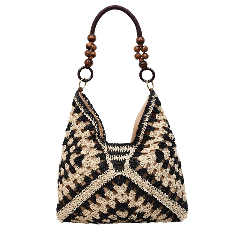 Boho Chic Handwoven Tote Bag with Wooden Bead Handle - Large Capacity Beach & Everyday Style