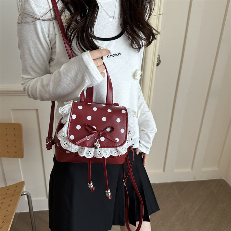 Cute Polka Dot Backpack with Lace Trim and Bow Detail for Girls and Students