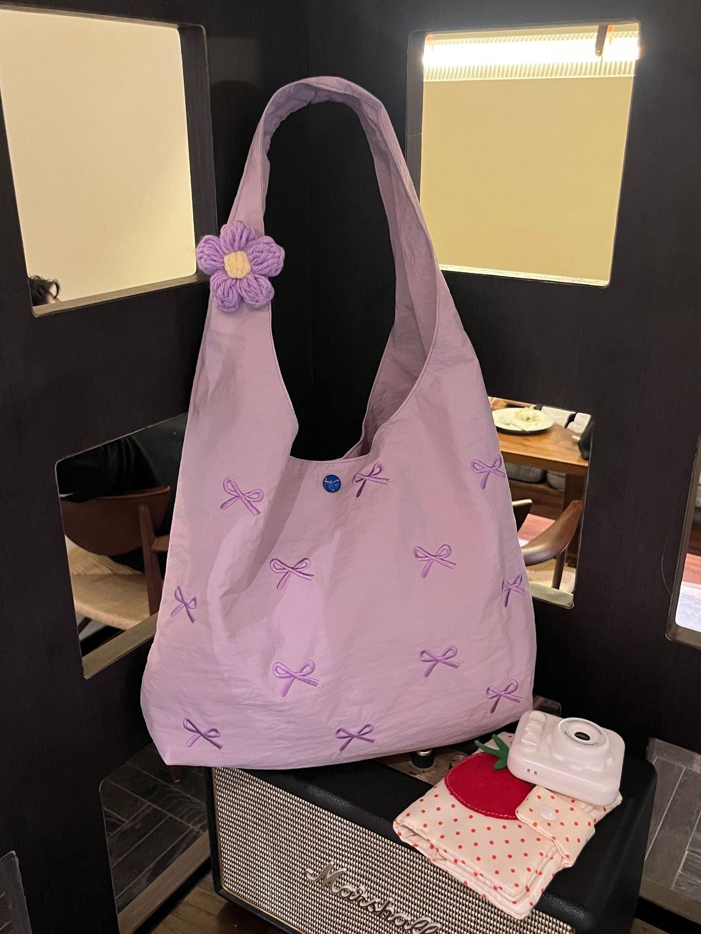Charming Embroidered Tote Bag with Bow Details, Large Capacity Shoulder Bag for Casual Outings and Daily Commute