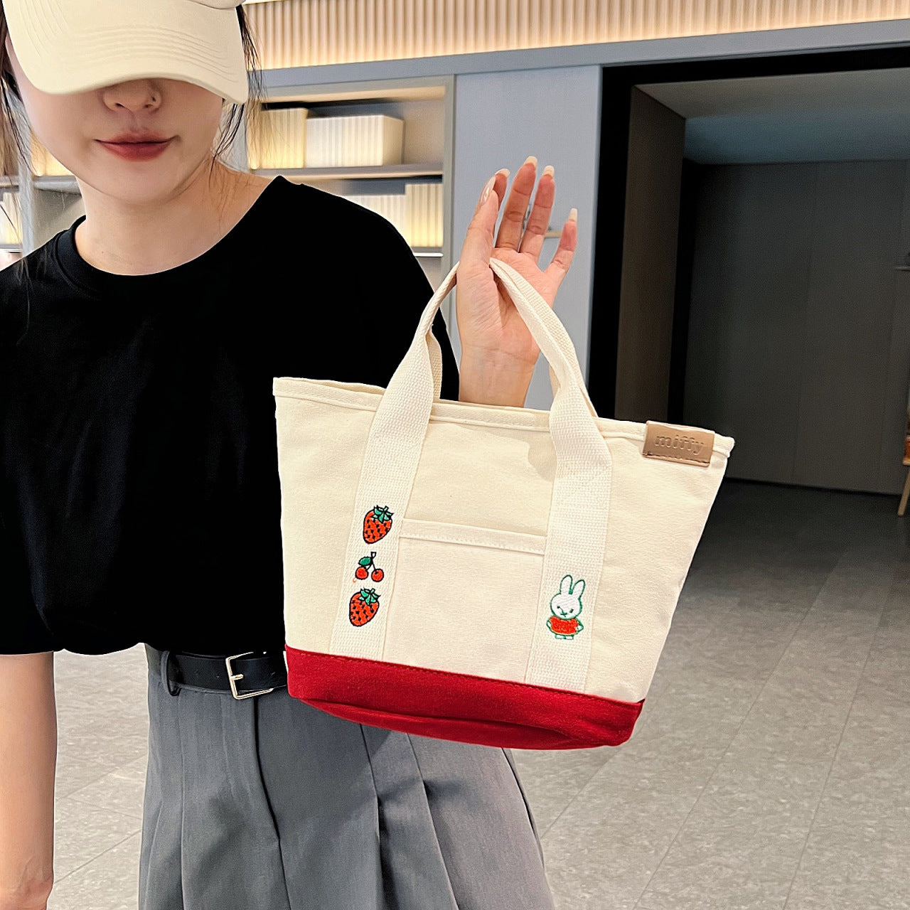 Miffy Cartoon Canvas Tote Bag for Women, Casual Everyday Handbag with Zipper Closure and Phone Pocket