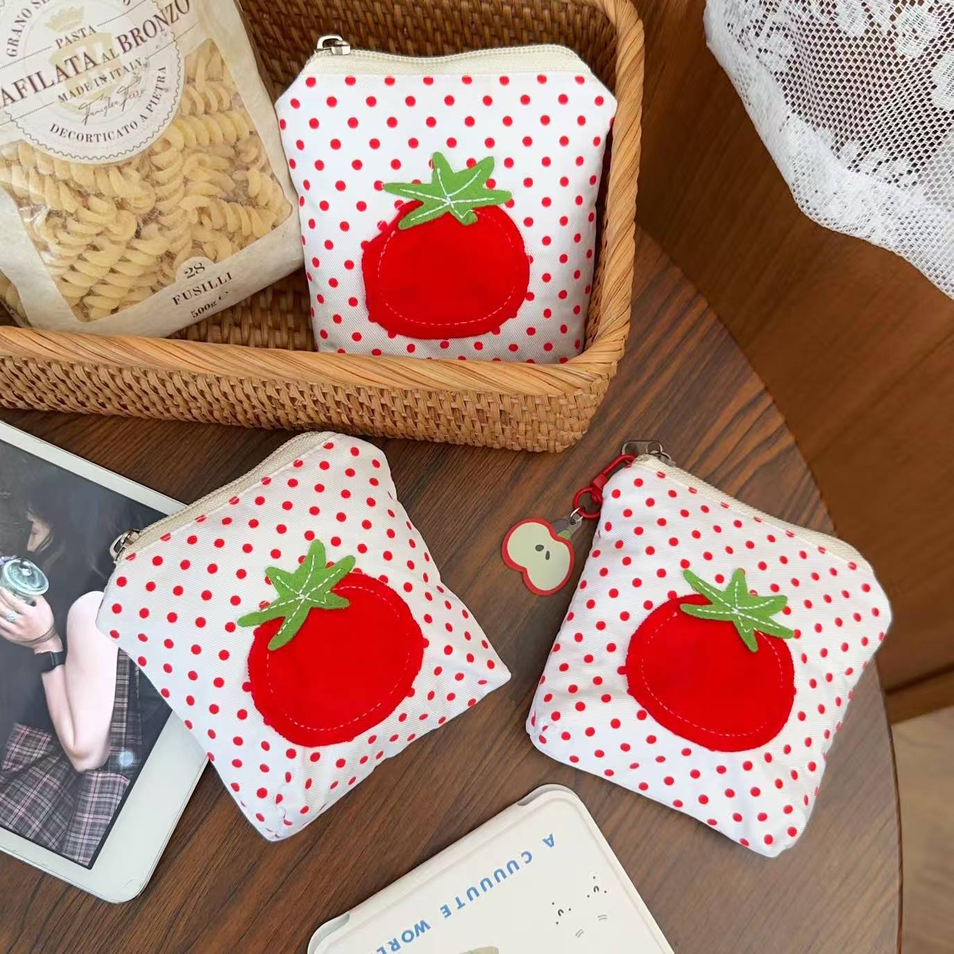 Cute Tomato Polka Dot Mini Pouch for Cosmetics and Earphones, Lightweight and Portable Everyday Accessory