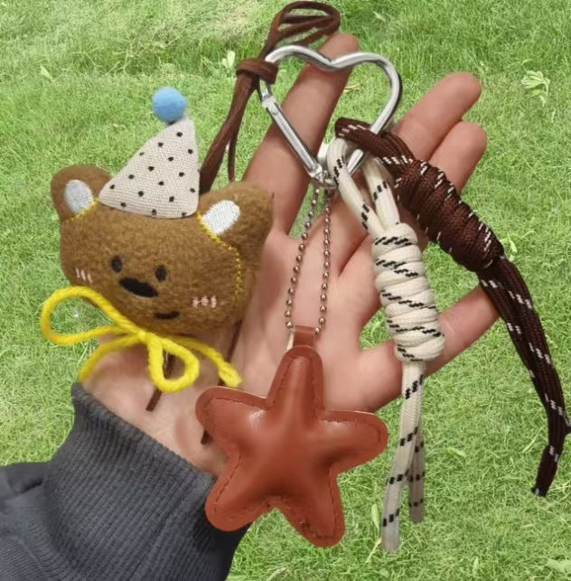 Cute Furry Bear Keychain with Climbing Rope and Star Charm - Adorable Bag Accessory for Fashion Lovers