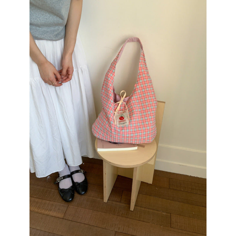 Cute Checkered Crossbody Bag with Tomato Logo, Soft Canvas Tote for Daily Use and School