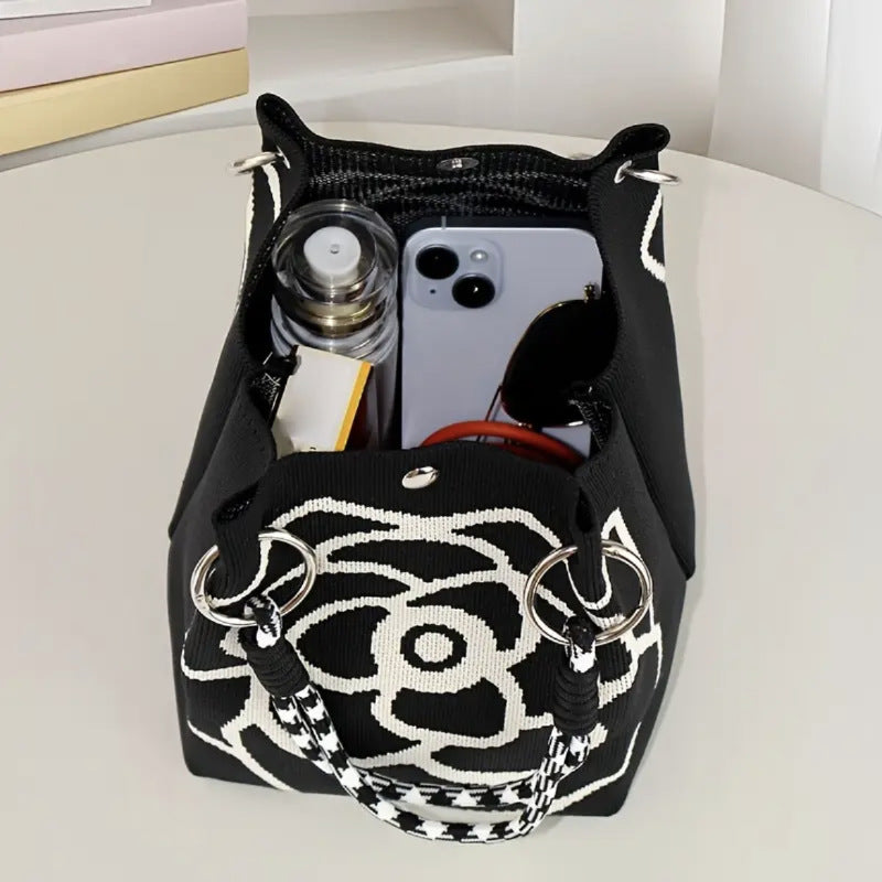 Retro Camellia Flower Large Capacity Knitted Bucket Bag Women's All-Match Casual Handbag