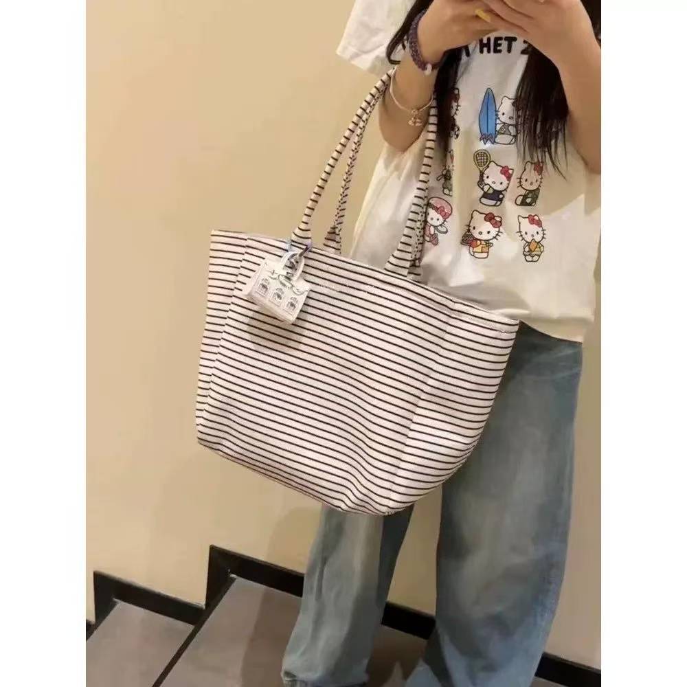 2025 New Korean Style Casual Striped Canvas Tote Bag with Large Capacity and Fashionable Design for Daily Use